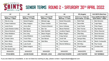 Senior Teams: Round 1 2022 – Updated