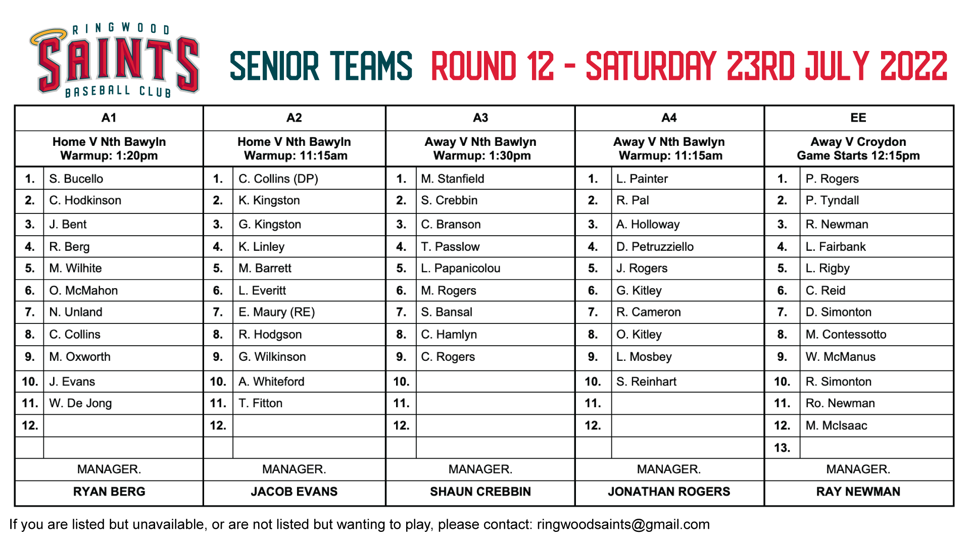 Senior Teams: Round 13 2022