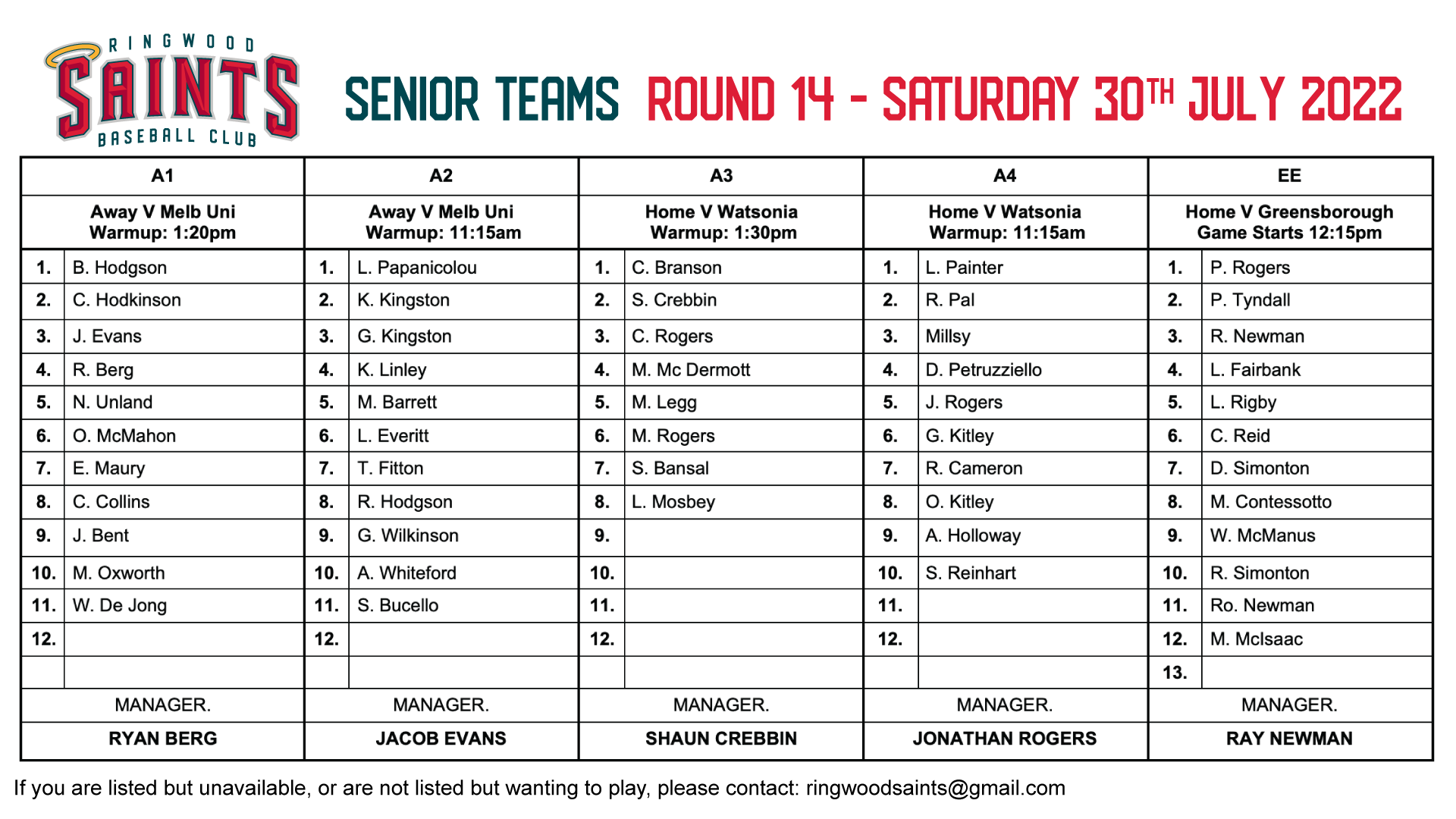 Senior Teams: Round 14 2022
