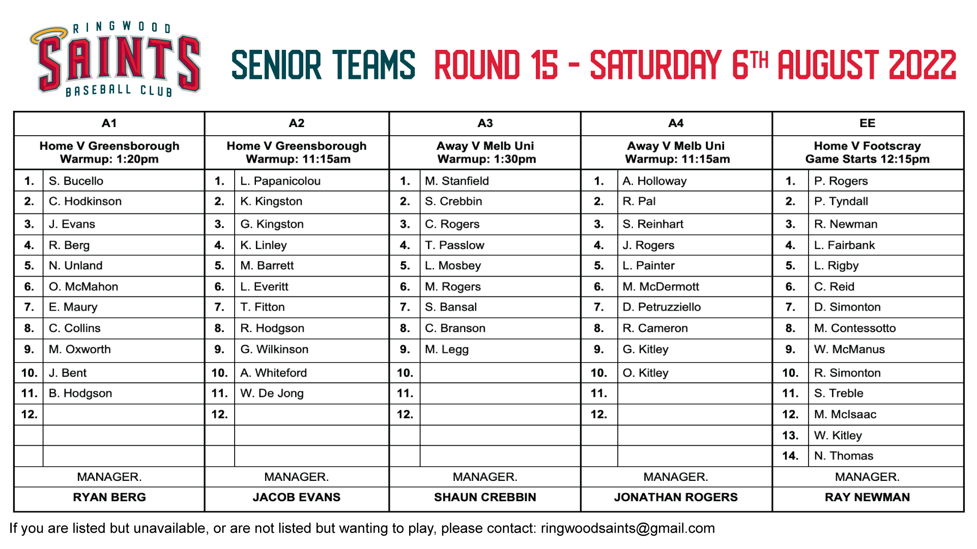 Senior Teams: Round 15 2022