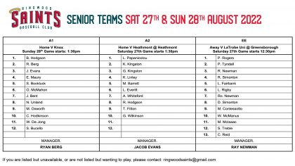 Senior Teams: 27 & 28th August