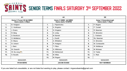 Senior Teams: 3rd September