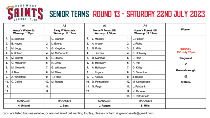 Senior Teams: Round 13 2023